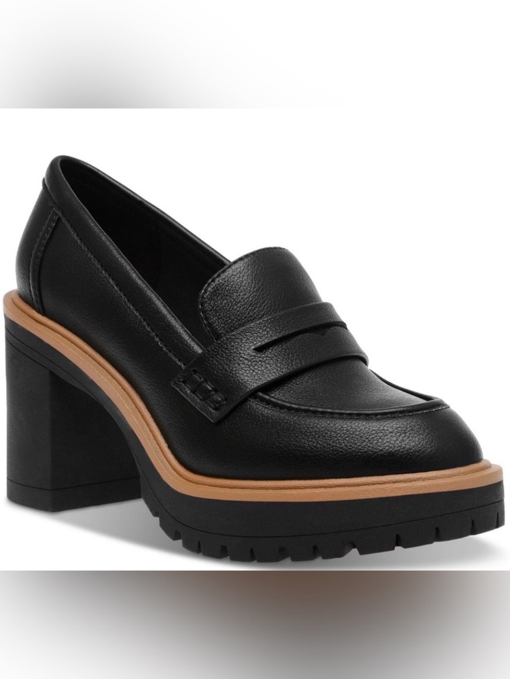 DV by Dolce Vita Black Leather Chunky 3 inch Heel Loafers with Tan Trim